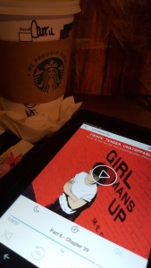 Reading the Girl Mans Up audiobook by M-E Girard while drinking B&N Caffe Mocha