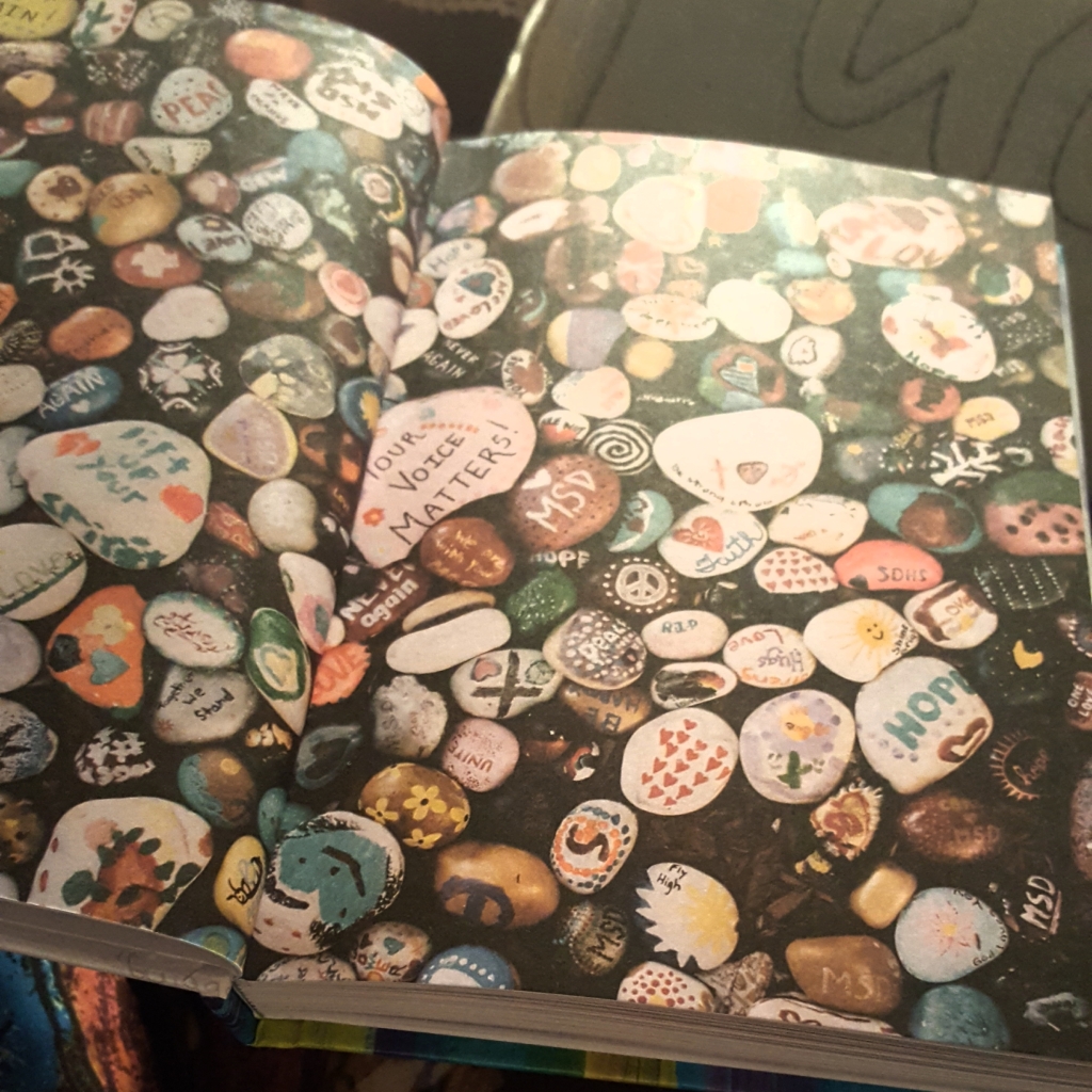 2-page spread of painted stones in Parkland Speaks, edited by Sarah Lerner